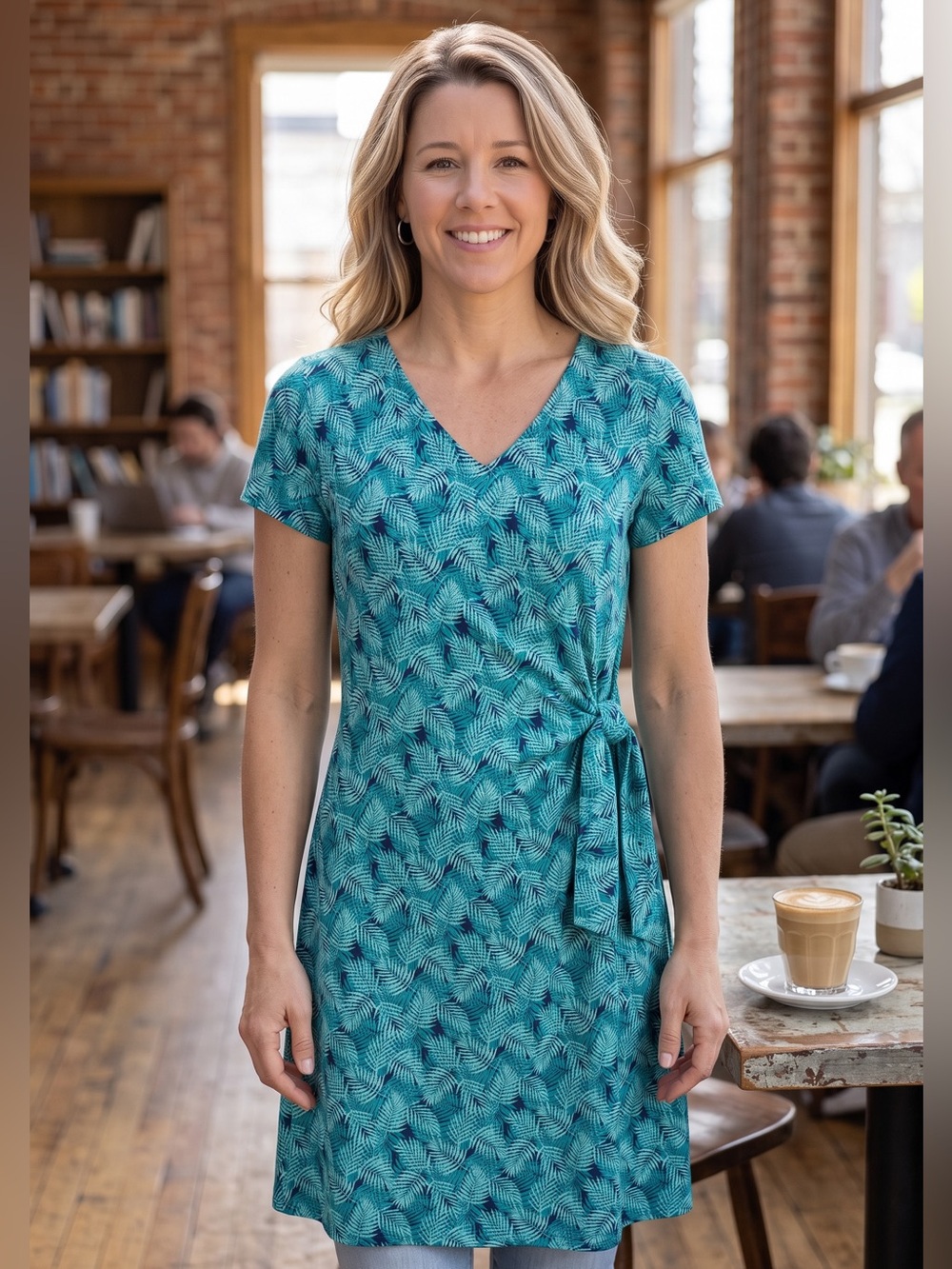 Lands' End Aloha Faux Wrap Dress Teal Tropical
Palm Leaf Knit Size M
